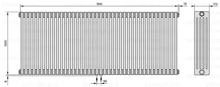 Схема (чертеж) Радиатор Zehnder Charleston 5300/40 №3470 Белый глянцевый RAL 9016